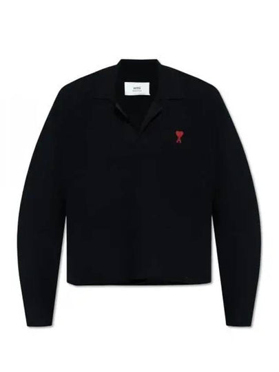 Small Heart Long Sleeve Polo Shirt Black - AMI - BALAAN 2