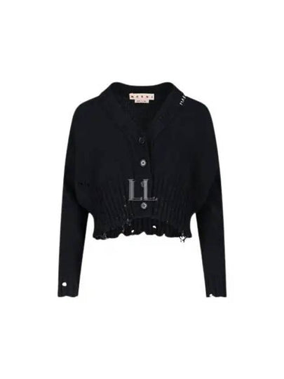 Embroidered Logo Distressed V-Neck Crop Cardigan Black - MARNI - BALAAN 2