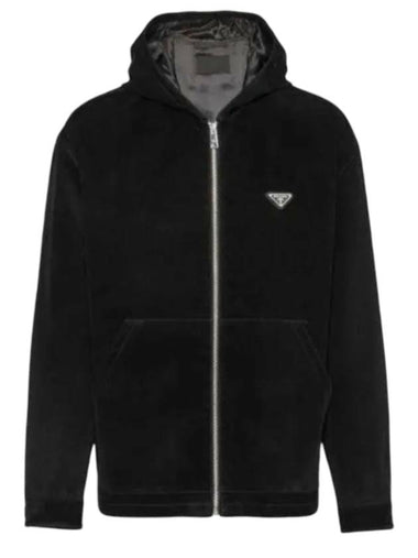 Triangle Logo Cotton Velvet Zip Up Hoodie Black - PRADA - BALAAN 1