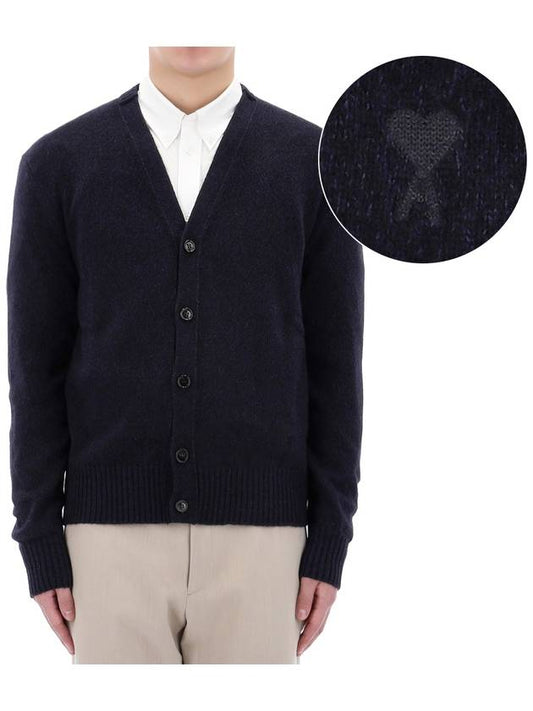 Heart Logo V Neck Cashmere Cardigan Navy - AMI - BALAAN 2