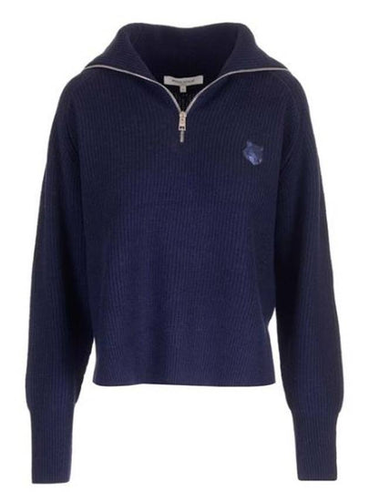 Bold Fox Head Patch Half Zip Knit Top Ink Blue - MAISON KITSUNE - BALAAN 2