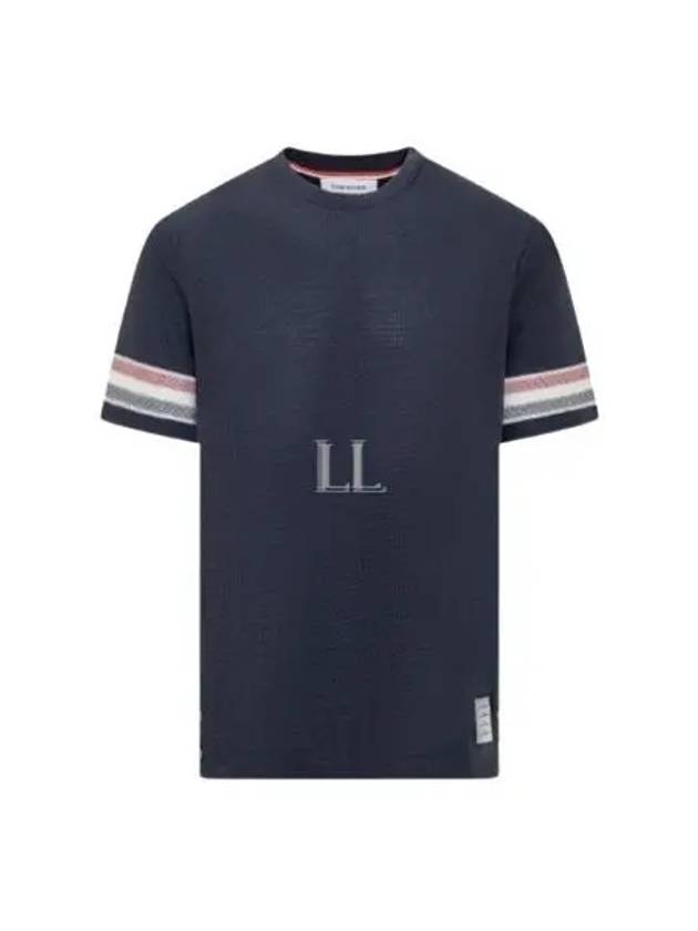 Textured Cotton Stripe Short Sleeve T-Shirt Navy - THOM BROWNE - BALAAN 2