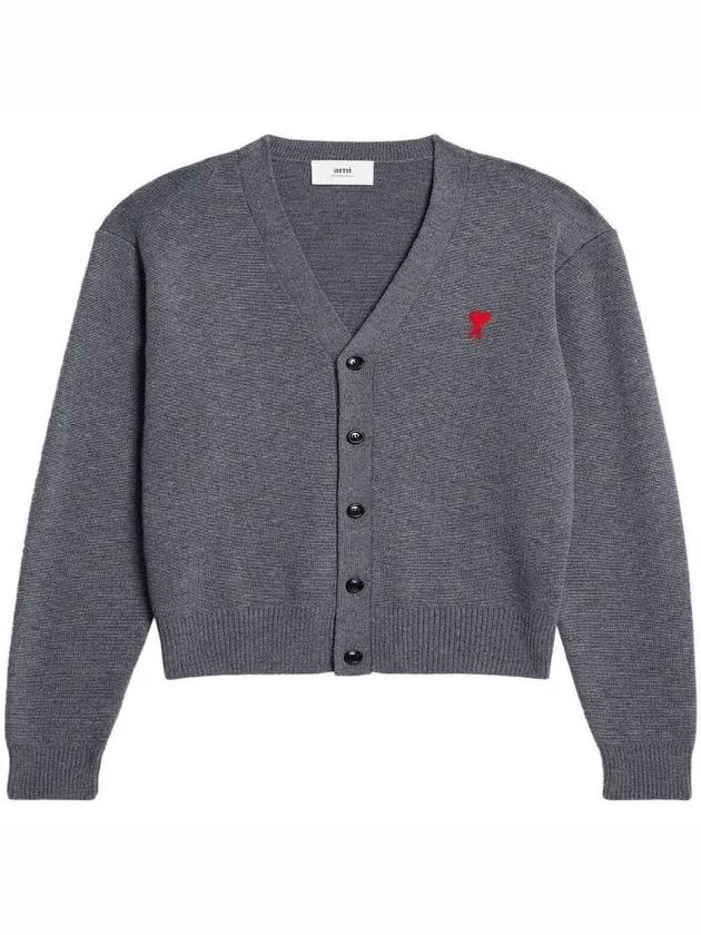 Small Heart Logo Wool Merino Cardigan Grey - AMI - BALAAN 3