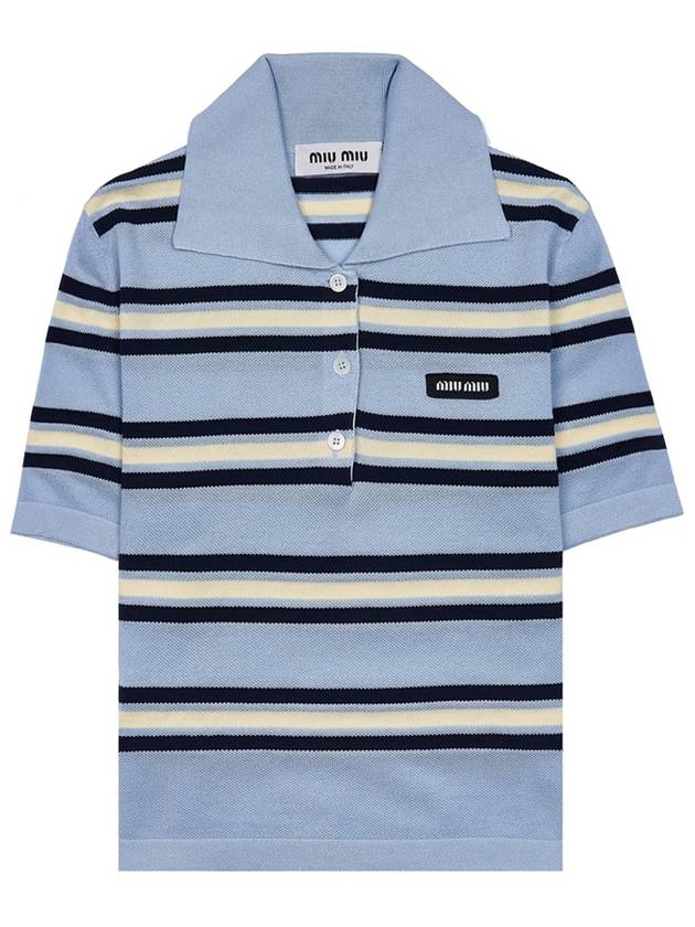 Striped Knit Silk Cotton Polo Shirt Blue - MIU MIU - BALAAN 11