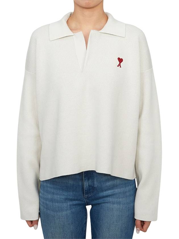 Small Heart Long Sleeve Polo Shirt White - AMI - BALAAN 2