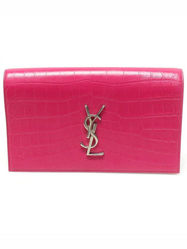 400409 Pink crocodile pattern silver logo monogram clutch - SAINT LAURENT - BALAAN 1