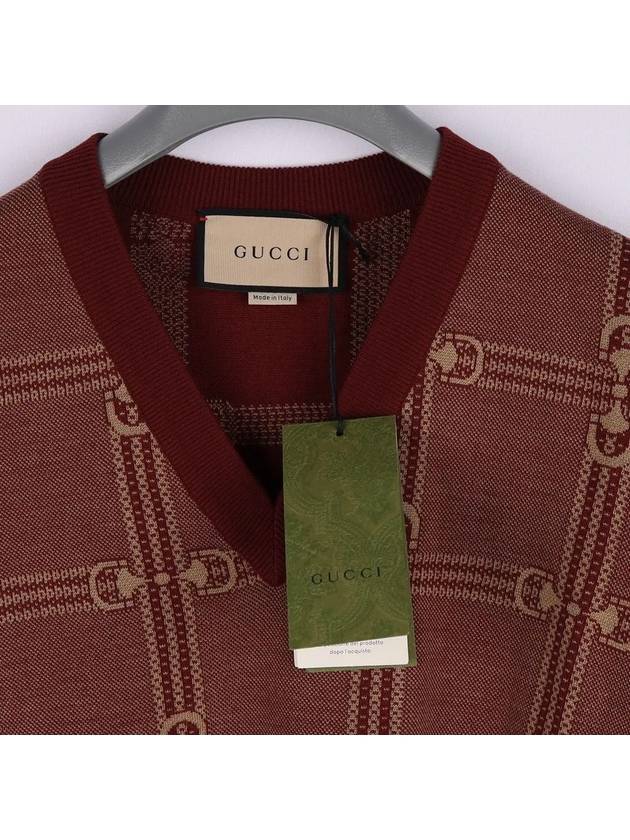 Horsebit V Neck Jacquard Wool Knit Top Red - GUCCI - BALAAN 6