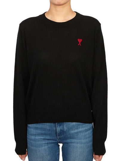 Heart Logo Crew Neck Merino Wool Knit Top Black - AMI - BALAAN 2