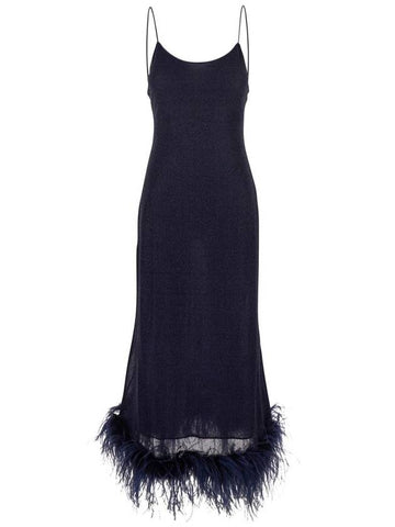 'Lumiere Plumage' Blue Sleeveless Slip Dress With Tonal Feathered Hem In Tech Fabric Stretch Woman - OSEREE - BALAAN 1