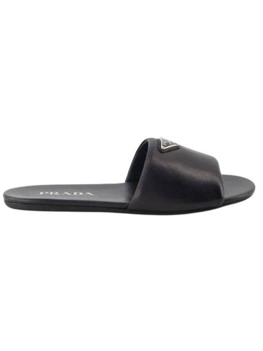 Logo Leather Slide Slippers Black - PRADA - BALAAN 1