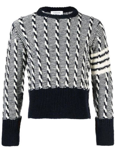 Bicolor Twist Cable 4 Bar Crew Neck Knit Top Navy - THOM BROWNE - BALAAN 1