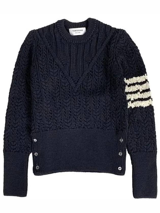 Women's 4 Bar Irish Pointelle Cable Merino Wool Knit Top Navy - THOM BROWNE - BALAAN 3