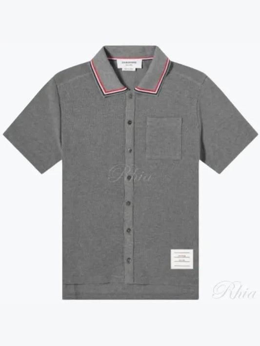 Three-Line Collar Texture Cotton Short Sleeve Shirt Grey - THOM BROWNE - BALAAN 2