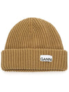 Logo Patch Wool Classic Beanie Tiger Eye - GANNI - BALAAN.