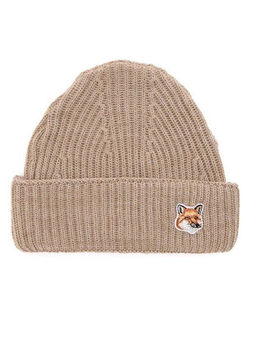 Fox Head Patch Ribbed Beanie Beige - MAISON KITSUNE - BALAAN 1