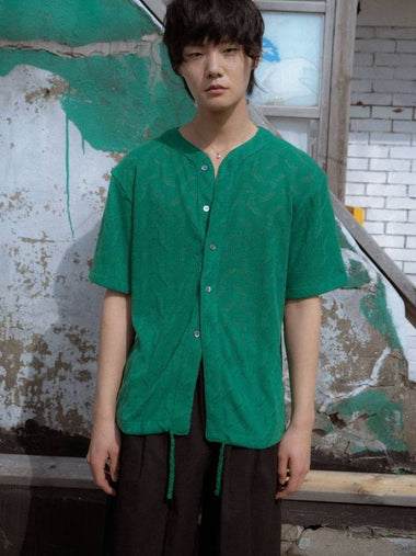 Collarless Short Sleeve Knit Cardigan Green - IFELSE - BALAAN 1