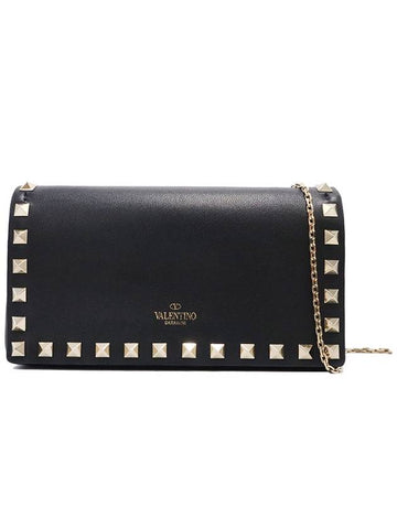 Valentino RW2P0372BOL Black Calfskin Gold Rockstud Chain Cross Bag - VALENTINO - BALAAN 1