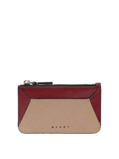 Color Block Logo Leather Card Wallet Wine Dune - MARNI - BALAAN 1