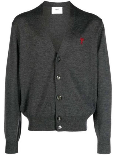 Red Heart Logo Merino Wool Cardigan Heather Grey - AMI - BALAAN 2