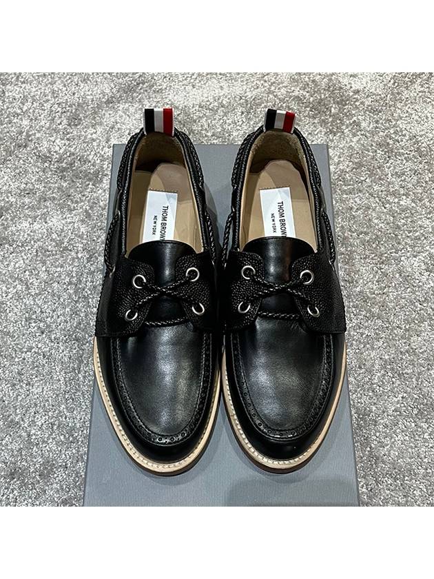 Men's Vitello Calf Leather Boat Shoes Black - THOM BROWNE - BALAAN 4