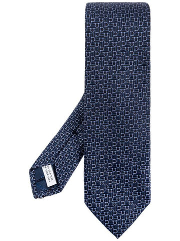 FERRAGAMO Silk Tie With Monogram, Men's, Navy Blue - SALVATORE FERRAGAMO - BALAAN 1