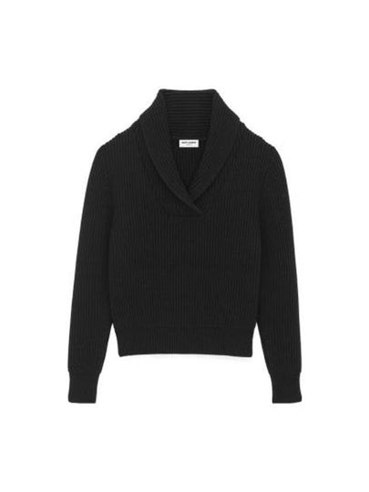 Shawl Collar Wool Knit Top Black - SAINT LAURENT - BALAAN 2