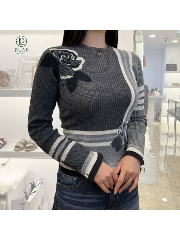 Women's Rose Intarsia Cashmere Knit Top Gray - THOM BROWNE - BALAAN.