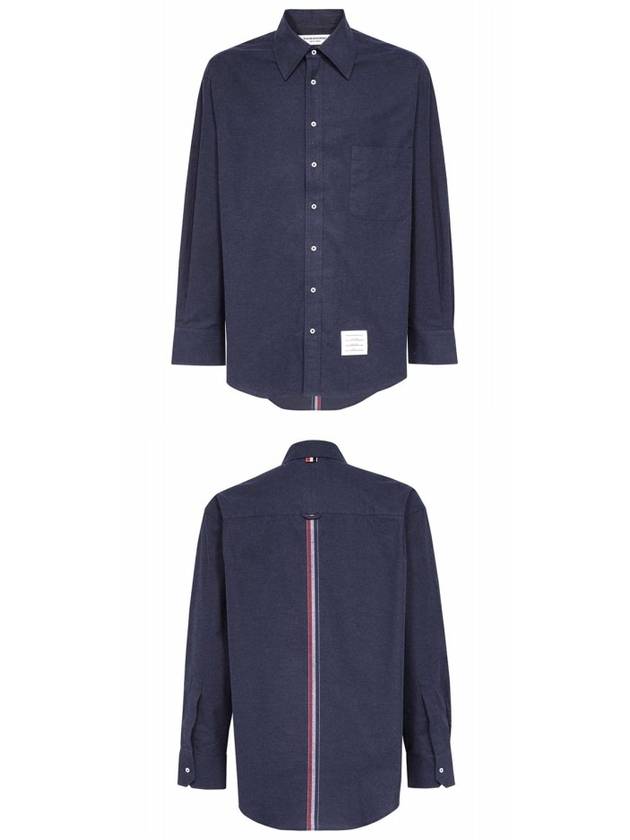 Back Stripe Oversize Cotton Flannel Long Sleeve Shirt Navy - THOM BROWNE - BALAAN 5