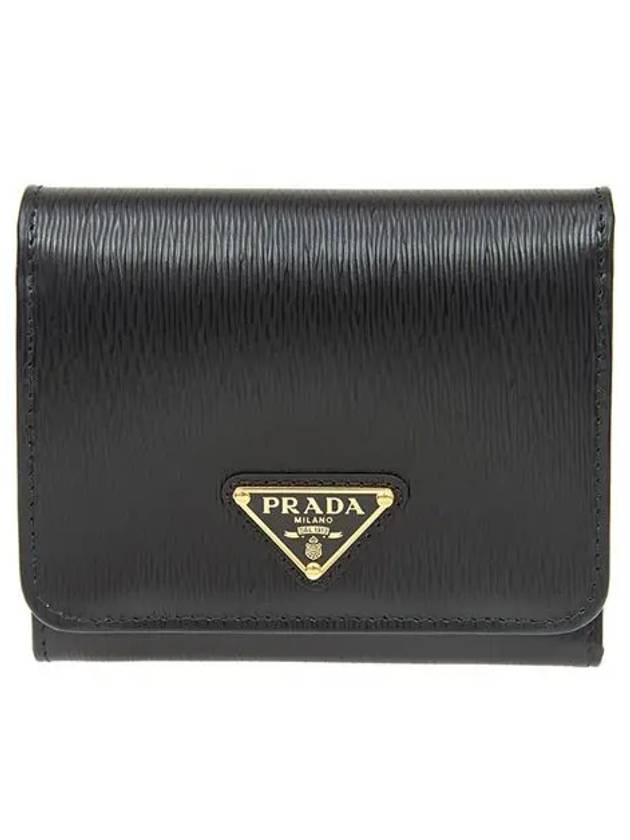 Triangle Logo Vitello Move Tri Fold Leather Half Wallet Black - PRADA - BALAAN 3