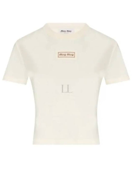 Logo Patch Crop Cotton Short Sleeve T-shirt Light Beige - MIU MIU - BALAAN 2