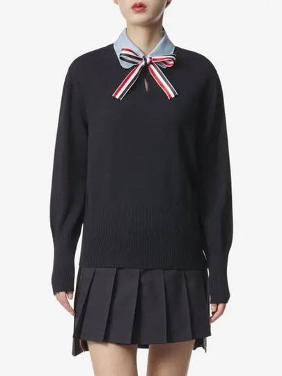 Jersey Stitch Ribbon Tie Knit Top Navy - THOM BROWNE - BALAAN 2