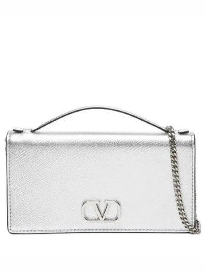 V Logo Signature Chain Leather Long Wallet Silver - VALENTINO - BALAAN 2