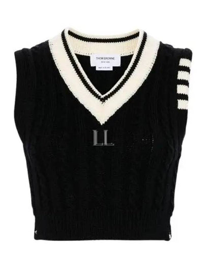 Classic Cable 4 Bar V Neck Vest Navy - THOM BROWNE - BALAAN 2