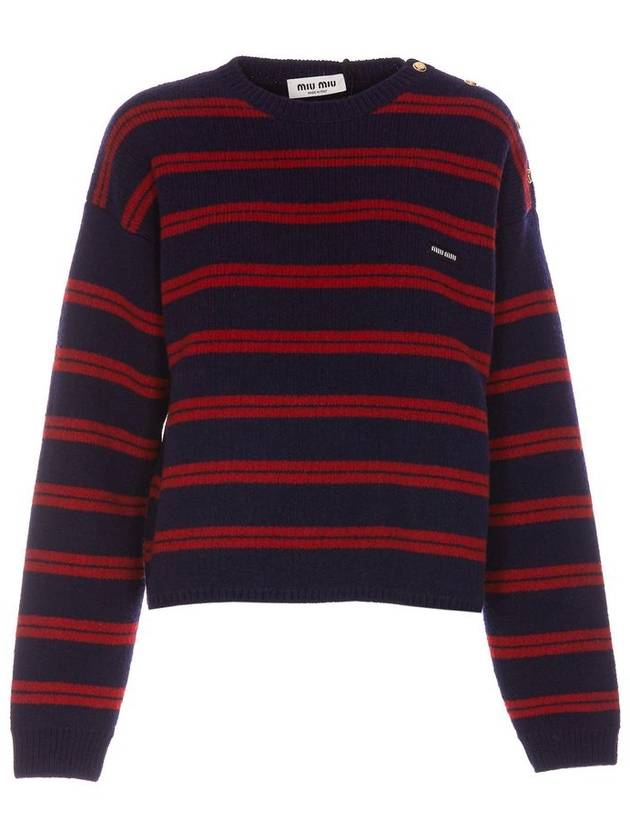 Striped Logo Shetland Wool Crew Neck Knit Top Red Blue - MIU MIU - BALAAN 1