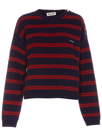 Striped Logo Shetland Wool Crew Neck Knit Top Red Blue - MIU MIU - BALAAN 1