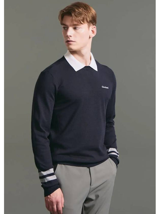 Men s sleeve color combination high stretch collar combined knit pullover navy - CLEVELAND GOLF - BALAAN 2