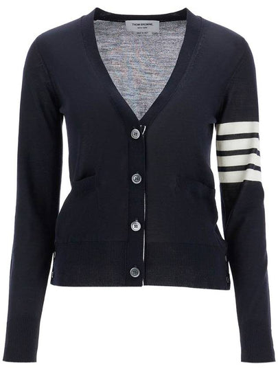 Sustainable Fine Merino Wool 4-Bar Relaxed Fit V-Neck Cardigan Navy - THOM BROWNE - BALAAN 2