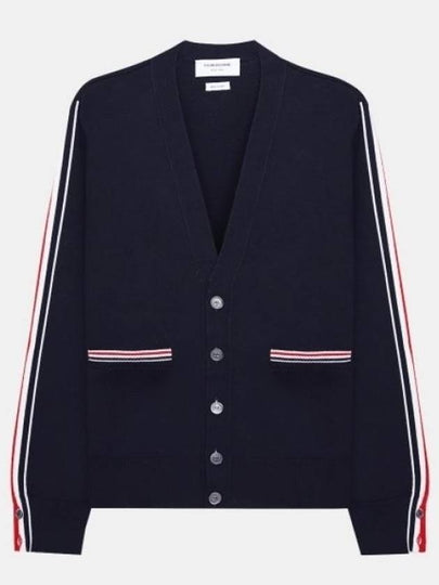 Men's Navy Side Intarsia Milano Stitch Wool Cardigan Navy - THOM BROWNE - BALAAN 2