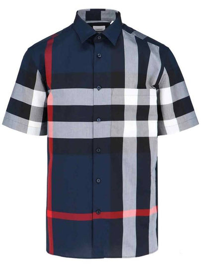 Check Cotton Short Sleeve Shirt Navy - BURBERRY - BALAAN 2