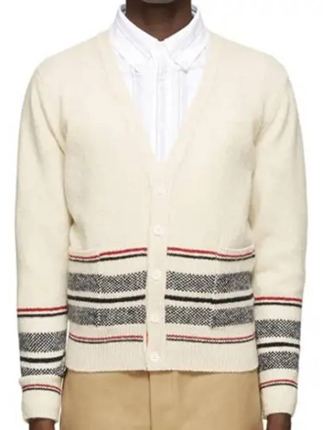 Seasonal Jacquard Striped V-neck Cardigan White - THOM BROWNE - BALAAN 2