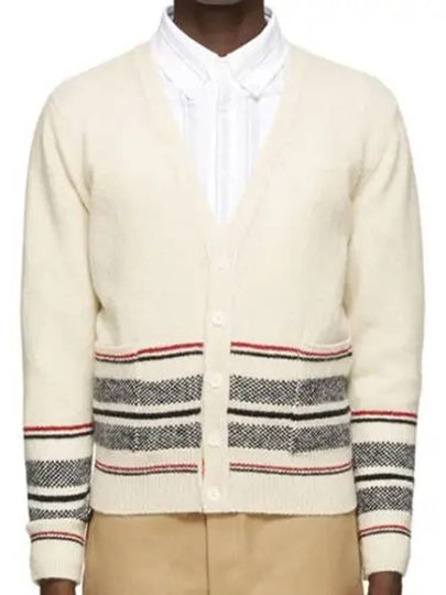 Seasonal Jacquard Striped V-neck Cardigan White - THOM BROWNE - BALAAN 2