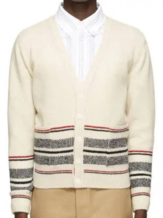Men's Seasonal Jacquard Striped V-neck Cardigan White - THOM BROWNE - BALAAN.