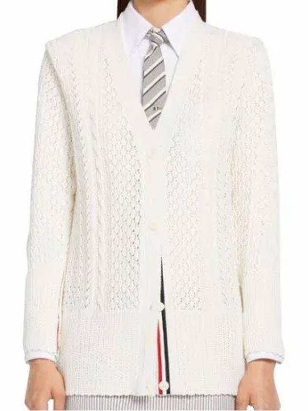 Pointel cable knit V-neck cardigan white - THOM BROWNE - BALAAN.