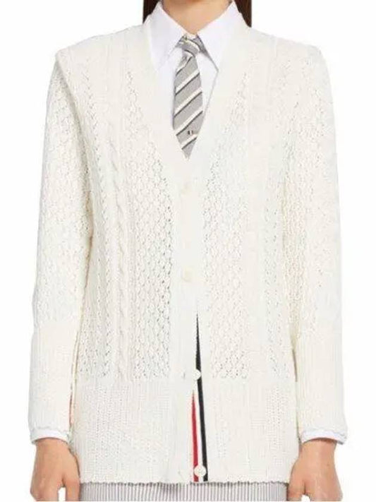Pointel cable knit V-neck cardigan white - THOM BROWNE - BALAAN.