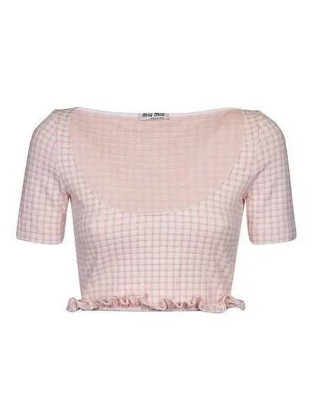 Women s Check Crop Short Sleeve T Shirt Light Pink MT1741 1GEV - MIU MIU - BALAAN 1