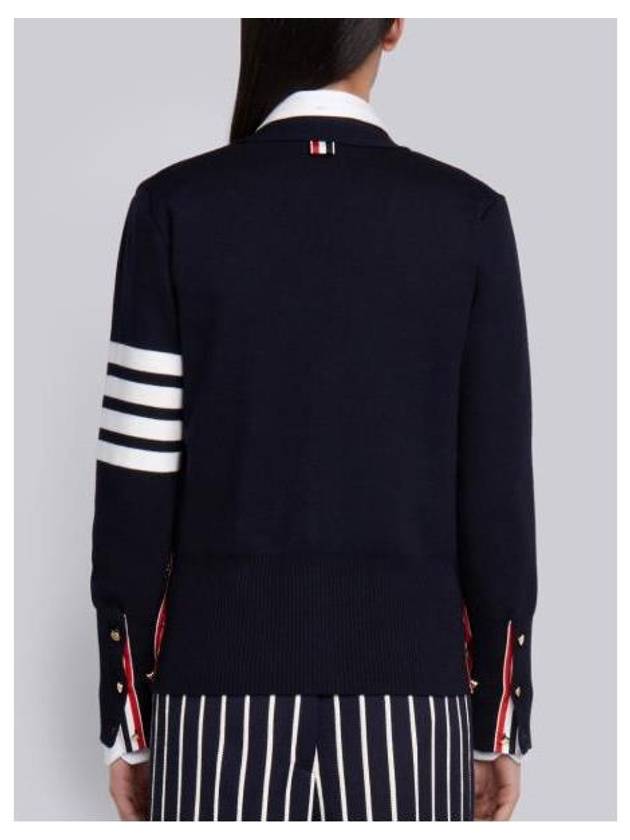 Milano Stitch 4 Bar Classic V Neck Fine Merino Wool Cardigan Navy - THOM BROWNE - BALAAN 4