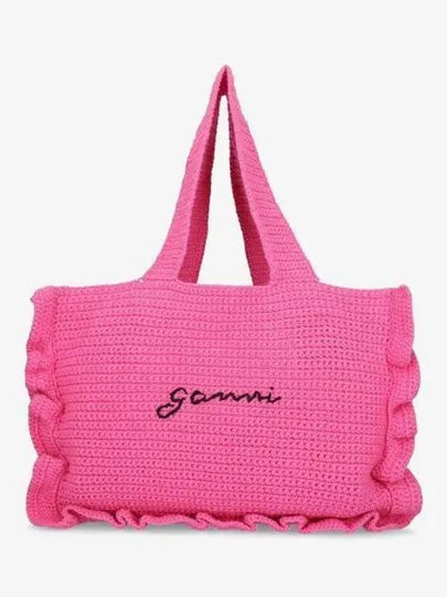 Women's Crochet Ruffle Embroidered Logo Cotton Tote Bag Shocking Pink - GANNI - BALAAN 2