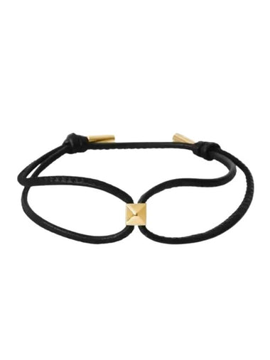 V Logo Rockstud Leather Bracelet Black Gold - VALENTINO - BALAAN 1