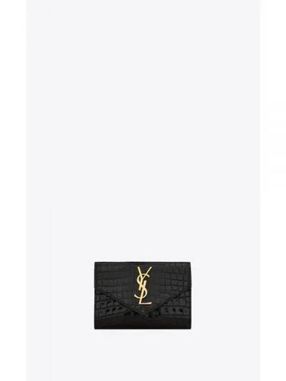 Crocodile Effect Leather Card Wallet Black - SAINT LAURENT - BALAAN 2