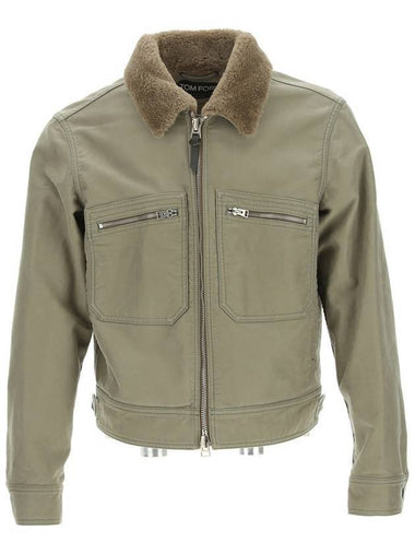 Men's Zipper Pocket Fur Collar Cotton Zip-Up Jacket Khaki - TOM FORD - BALAAN 1